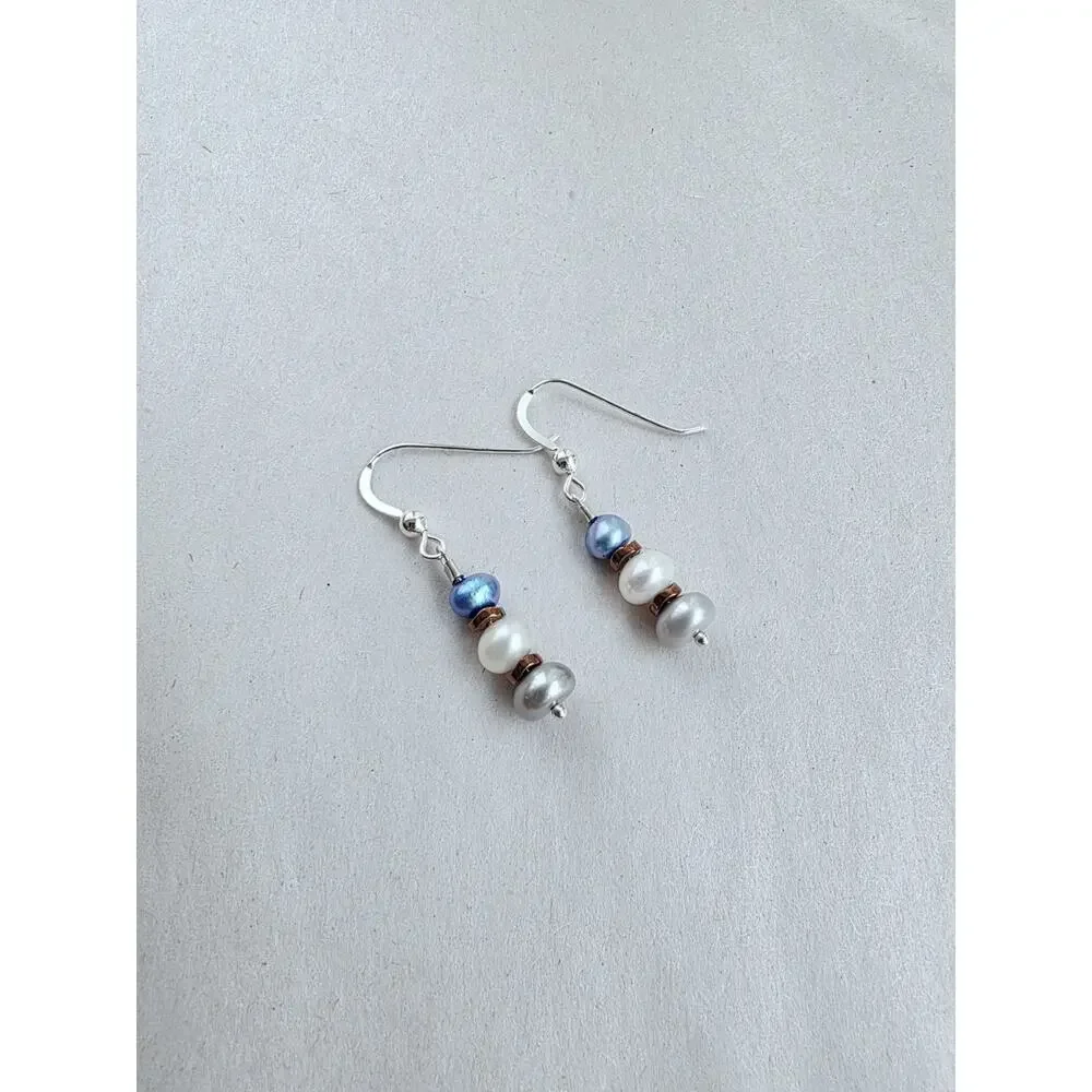 New Sterling Silver Dangle‎ Earrings White Silver Blue Genuine Pearl Stamped 925